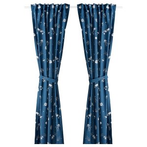 Curtains with tie-backs, 1 pair, space blue/white, 120x250 cm