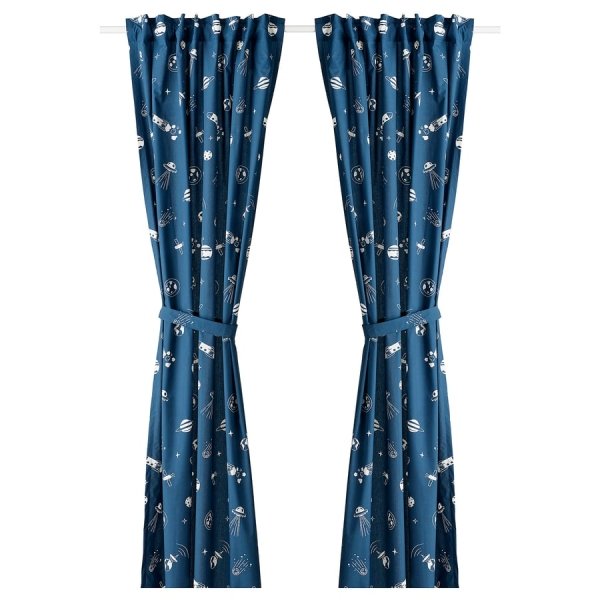 Curtains with tie-backs, 1 pair, space blue/white, 120x250 cm