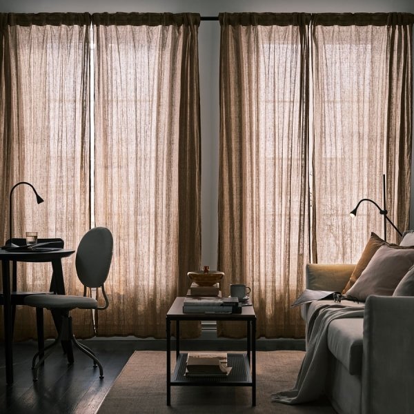Curtains, 1 pair, dark beige/with heading tape, 145x250 cm