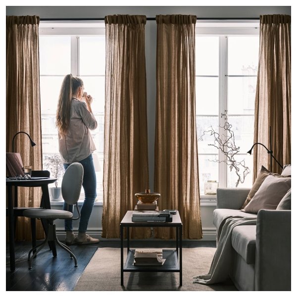 Curtains, 1 pair, dark beige/with heading tape, 145x250 cm