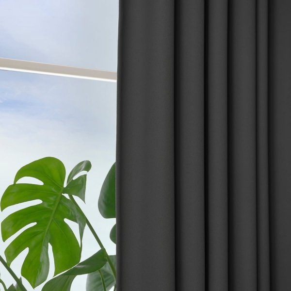 Block-out curtains, 1 pair, dark grey/with heading tape, 145x250 cm