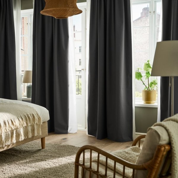 Block-out curtains, 1 pair, dark grey/with heading tape, 145x250 cm