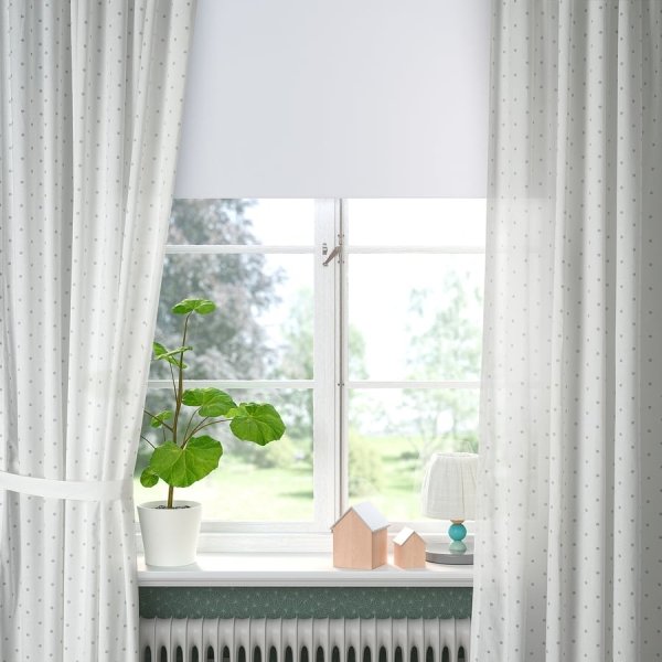 Curtains with tie-backs, 1 pair, dotted/white, 120x250 cm