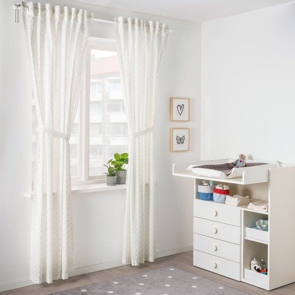 Curtains with tie-backs, 1 pair, dotted/white, 120x250 cm