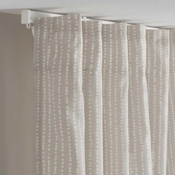 Curtains, 1 pair, beige/white dot pattern/with heading tape, 145x250 cm