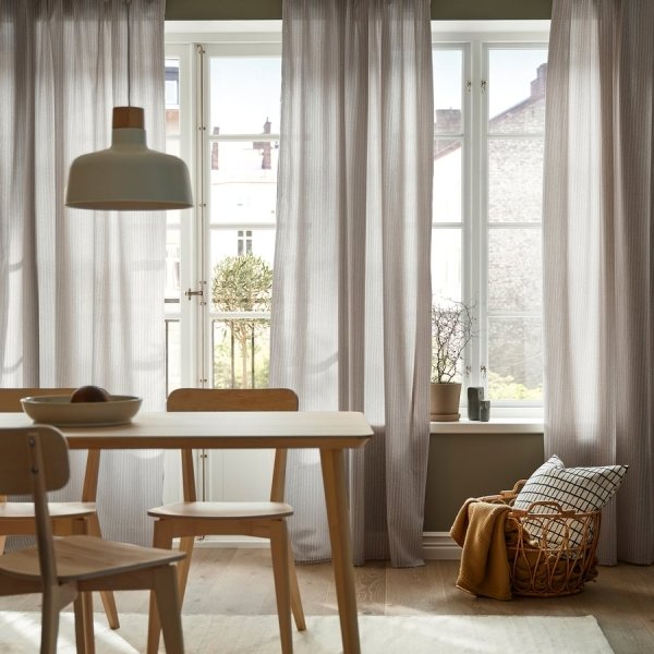 Curtains, 1 pair, beige/white dot pattern/with heading tape, 145x250 cm