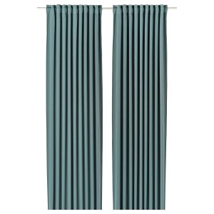 Room darkening curtains, 1 pair, dark grey-turquoise/with heading tape, 145x250