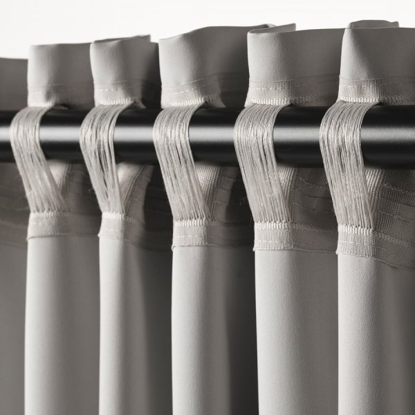 Room darkening curtains, 1 pair, light grey/with heading tape, 145x250 cm