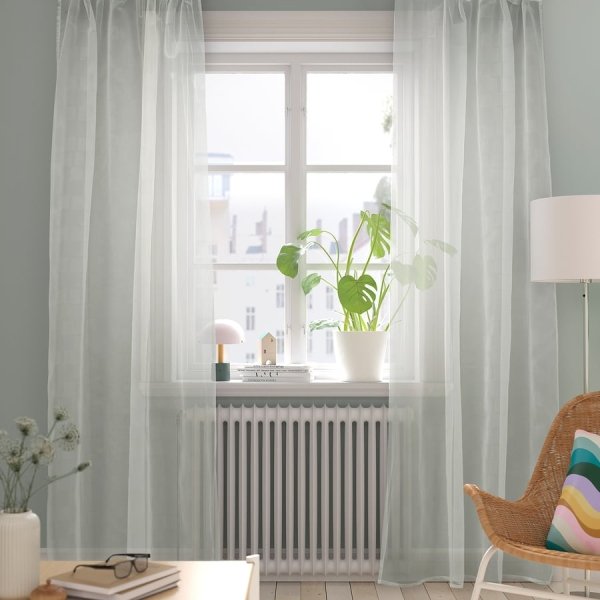 Sheer curtains, 1 pair, white white/check pattern with heading tape, 145x250 cm